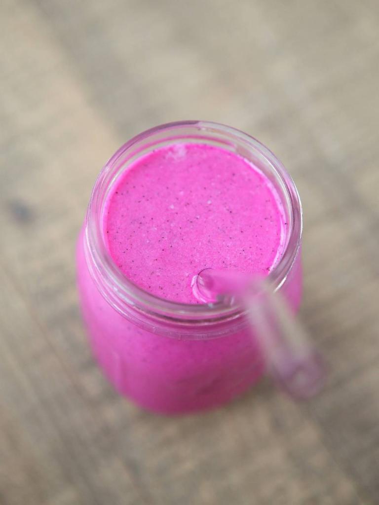 Dragon fruit smoothie · Cold refreshing drink with dragon fruit, mango and banana.