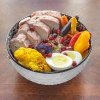 The Pig Smoking Bowl · Brown rice, carrots, cauliflower, sweet peppers, hard-boiled egg, pomegranate, smoked pork t...