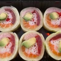 Naruto · Salmon, tuna, white fish, crab stick, avocado & tobiko rolled with cucumber sheet in ponzu s...