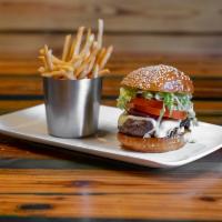 Scratch Burgers  · Short rib, chuck beef patty, lettuce, tomato, onion, sesame brioche bun, aioli, hand cut fri...