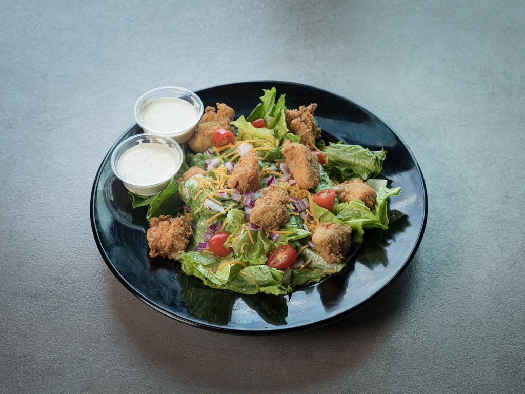 Original Rex's Salad · Fresh greens topped with Rex's Original, Grilled or Jalapeño chicken, tomato, red onion, cheddar cheese and choice of dressing.