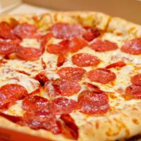 Pepperoni Pizza · Pizza crust topped with Pepperoni, mozzarella cheese, and pizza sauce 