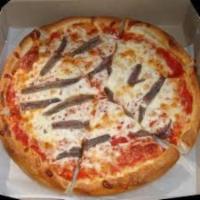 Anchovy Pizza · Pizza crust topped with Anchovy, mozzarella cheese, and pizza sauce 