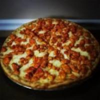 Chicken Pizza · Pizza crust topped with Chicken, mozzarella cheese, and pizza sauce 