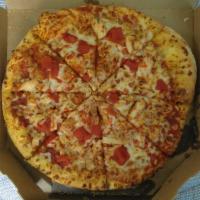 Chicken with Tomatoes Pizza · Chunks of chicken, and fresh diced tomatoes, choice of sauteed chicken, chicken cutlet
