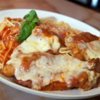 Chicken Parmesan · With spaghetti or linguine with Chicken, topped with mozzarella and sauce