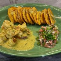Garlic Shrimp (Camarones Al Ajillo) · Shrimp or  garlic sauce, with you choice of tostones, french fries, or sweet potatoes fries. 
