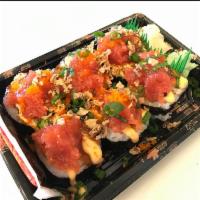 Hybrid Roll · Creamy crabmeat, cream cheese with spicy tuna scallions, fried onions with spicy mayo and un...