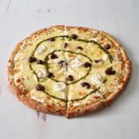 Large Green House Pizza · Combination of ricotta, mozzarella and Parmesan, pesto and Green Olive.