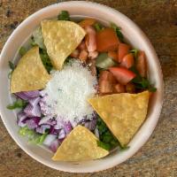 Mexican Salad · Romaine, red onion, tomato, cotija cheese and toasted tortilla chips.