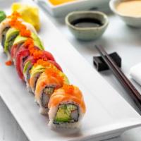 Rainbow · Tuna, salmon, white fish, avocado and masago over a California roll