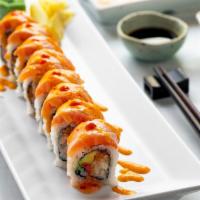 Spicy Girl · Spicy Tuna, spicy crabmeat, avocado and crunch topped with seared salmon drizzled with spicy...