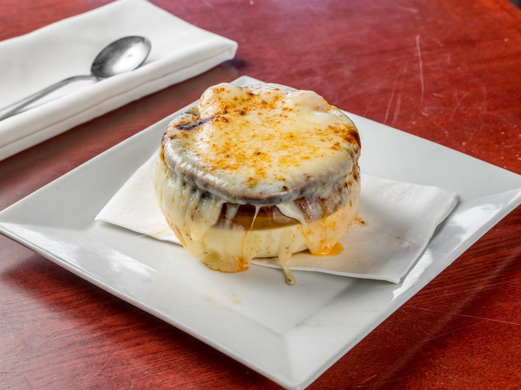 French Onion Soup · Soup that is made with stock, onions, and covered with either cheese, bread, or croutons.