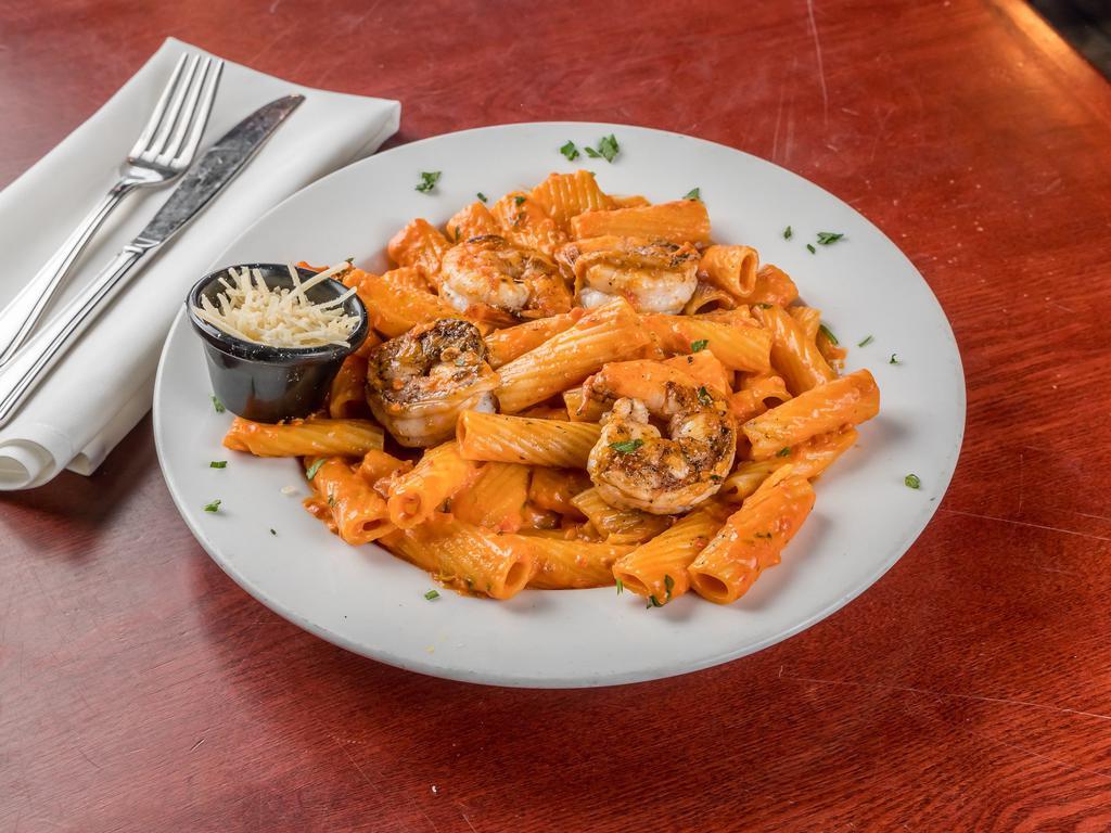 Rigatoni Vodka · Tossed in classic pink sauce. Add chicken or shrimp for an additional charge.