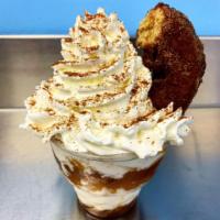 Apple Cider Donut Sundae · Half an apple cider donut with vanilla ice cream, cinnamon apples, Ghirardelli caramel and g...