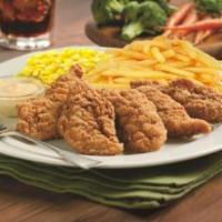 CHICKEN STRIPS DINNER, FAMILY-STYLE · Our crispy, all-white chicken breast strips are served with Honey Mustard dipping sauce, cri...
