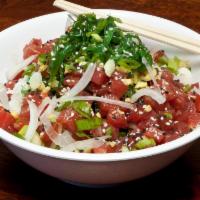 BRADDAH BOWL. · yellowfin ’ahi’ tuna tossed with house poké sauce*, green onion, sweet onion topped w/seawee...