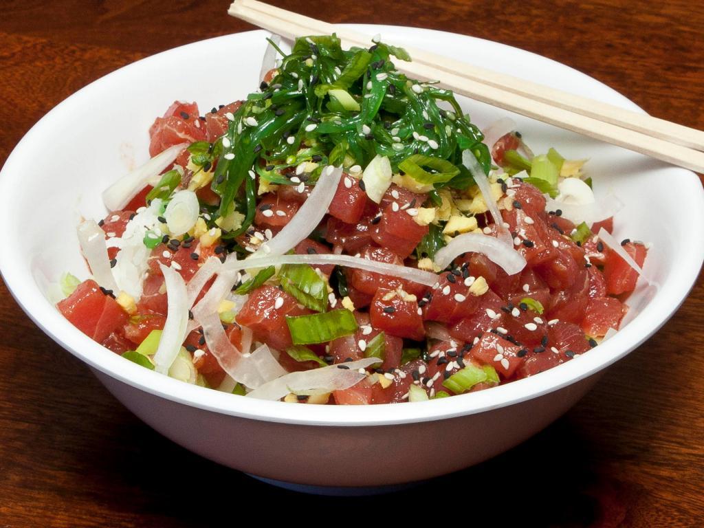 BRADDAH BOWL. · yellowfin ’ahi’ tuna tossed with house poké sauce*, green onion, sweet onion topped w/seaweed salad* ＆ sesame seeds. gluten: poke sauce, seaweed salad