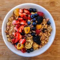C.D. BOWL. · acai blended w/mixed berries, banana ＆ almond milk. toppings: fresh strawberry, blueberry, g...