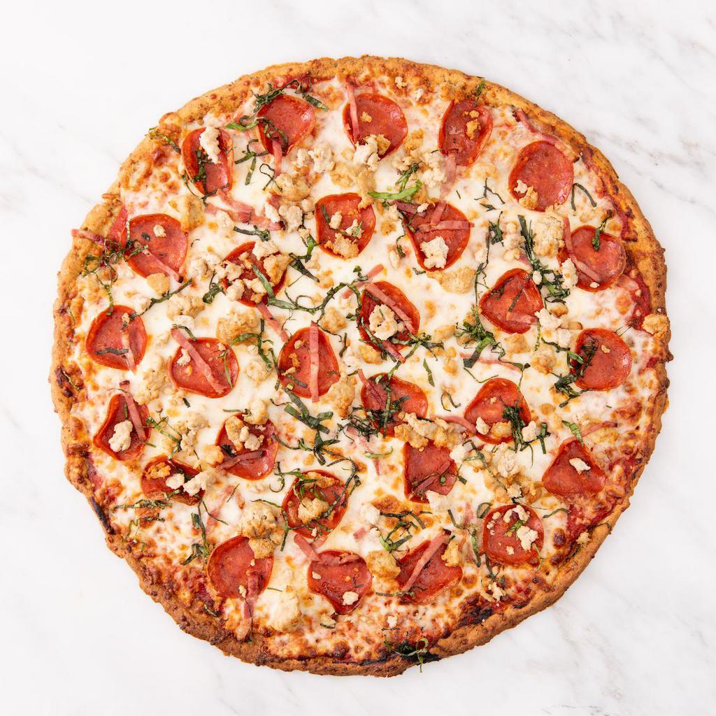Gluten-Free Meat Lovers Pizza · GF cauliflower crust with reduced fat mozzarella cheese, made-from-scratch tomato sauce, turkey pepperoni, turkey sausage, turkey bacon, and fresh basil.