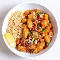 Gluten-Free Orange Chicken · Antibiotic-free, oven-fried chicken with charred peppers, caramelized onions, green onions, ...