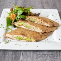 Tuna Avocado Melt · On a whole wheat tortilla with albacore tuna salad, mozzarella cheese, and avocado served wi...