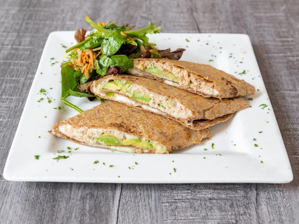 Tuna Avocado Melt · On a whole wheat tortilla with albacore tuna salad, mozzarella cheese, and avocado served with organic greens.