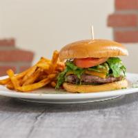 Black Angus Burger · Mayo, mustard, romaine, grilled onions, tomatoes, dill pickles, and cheddar cheese.
