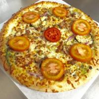 Mediterranean Pizza · Pepperoni, sausage, artichoke hearts, mushrooms, red onion, fresh tomatoes, pesto sauce and ...
