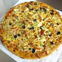 Greek Pizza · Feta cheese, olives, onions, green peppers and tomatoes.