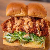 THE HOT CHICK · nashville style fried or grilled chicken tenders, haus slaw, pickles, secret sauce