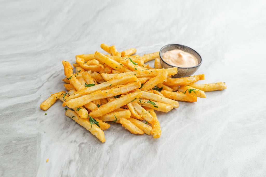 Truffle Fries. · Battered fries with white truffle oil. Served with sriracha mayo.
Contains: Gluten, Eggs