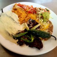 Plato Mexicano · Combination of 4 traditional items, carne asada, chile relleno, chicken taquitos and cheese ...