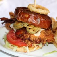 Spicy Chicken Sandwich · Grilled or fried chicken with jalapeno bacon, pepper jack cheese, fried jalapenos, lettuce, ...