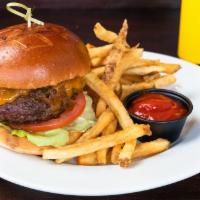 Noosh Burger · Flame grilled 8 oz. burger with your choice of toppings served on a brioche. Comes with fries.