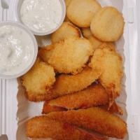 22. Fried Seafood Flate · 5 scallops, 5 fried shrimps, 3 crab-sticks served with 2 tartar sauce.