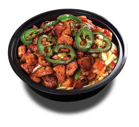 Spicy Bomb · Steamed rice, fresh lettuce, onion, cucumber and spicy grilled jalapeño chicken with spicy mystery sauce!