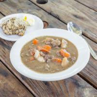 Guinness Irish Stew · Sirloin beef, trinity of onions, carrots and celery with red potatoes. Served with house mad...
