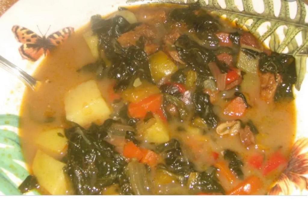 Pepper Pot Soup · A delicious blend of 4 greens peppers red potatoes sweet potatoes carrots and noodles.