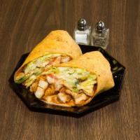 Buffalo Chicken Caesar Wrap · Spicy tenders and pepper cheese atop a Caesar salad in a jalapeno cheddar wrap with Caesar d...