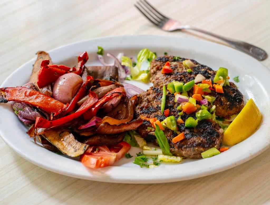 Bifteki Platter · Chopped beef with Greek seasoning and herbs.