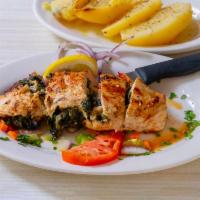 Grilled Stuffed Chicken Platter · Grilled chicken stuffed with spinach, onions, red peppers, feta cheese, garlic and extra vir...