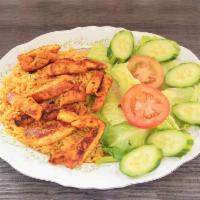 Grilled Chicken with Rice and Salad · With soda.