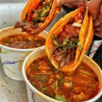 Birra tacos  · 3 tacos consume grates / soup to dip free 