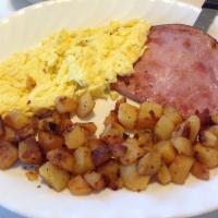 Ham and Eggs Platter · Served with home fries or hash browns or French fries and toast