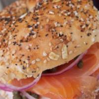The Titanic Bagel · Nova lox, cream cheese, lettuce and tomatoes on a bagel.

Toast or not please
