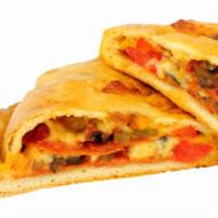 Spicy Calzone · An oven-baked, folded pizza that has spicy bites and a ricotta and mozzarella cheese stuffing.