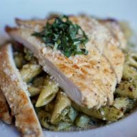 Penne Pesto Pasta · Grilled chicken, parmesan cheese, pesto sauce, cherry tomato, and asparagus.