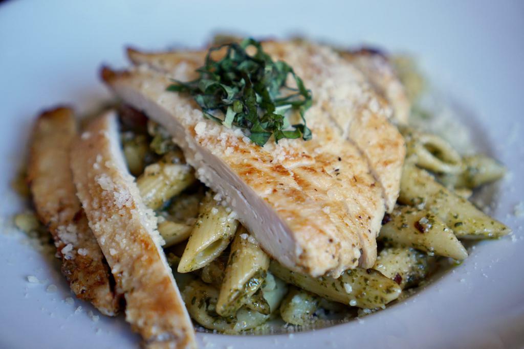 Penne Pesto Pasta · Grilled chicken, parmesan cheese, pesto sauce, cherry tomato, and asparagus.
