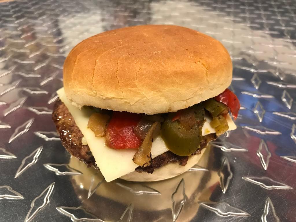 Firecracker Burger · 1/3 Lb  Triple Blend Of USDA Prime Beef Includes pepper jack cheese, jalapeno peppers, onions, red peppers and pepper spread.